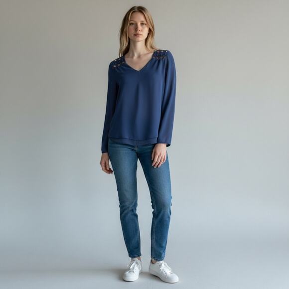 Monteau small navy blue long sleeve top V-neckline intricate cutout flowy fit - Picture 1 of 9